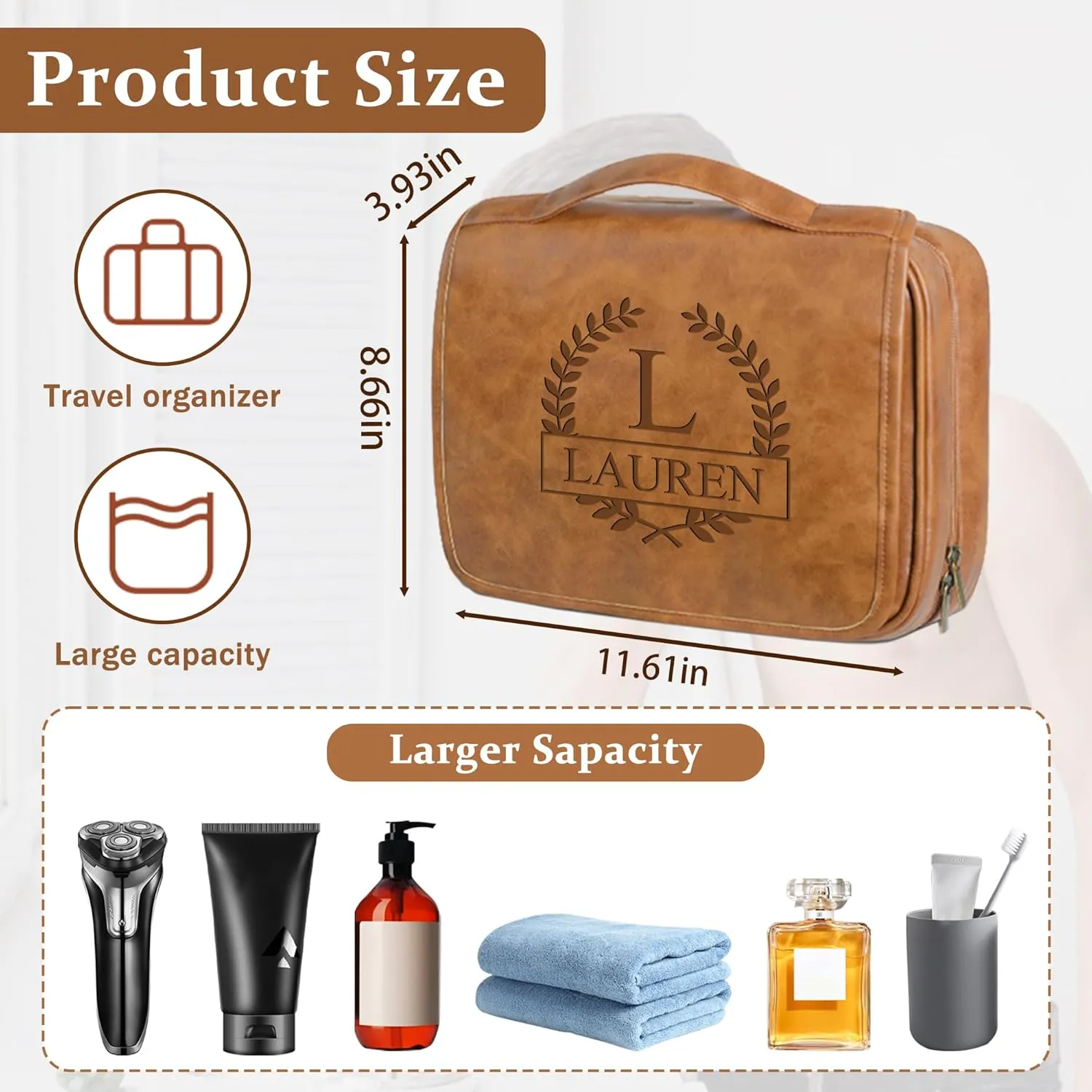 3-in-1 Large Personalized Leather Toiletry Bag For Men Dopp Kit Gift, Custom Mens Toiletry Travel Organizer Bag, Christmas Anniversary Birthday Gifts For Him Boyfriend Husband, Groomsmen Gifts