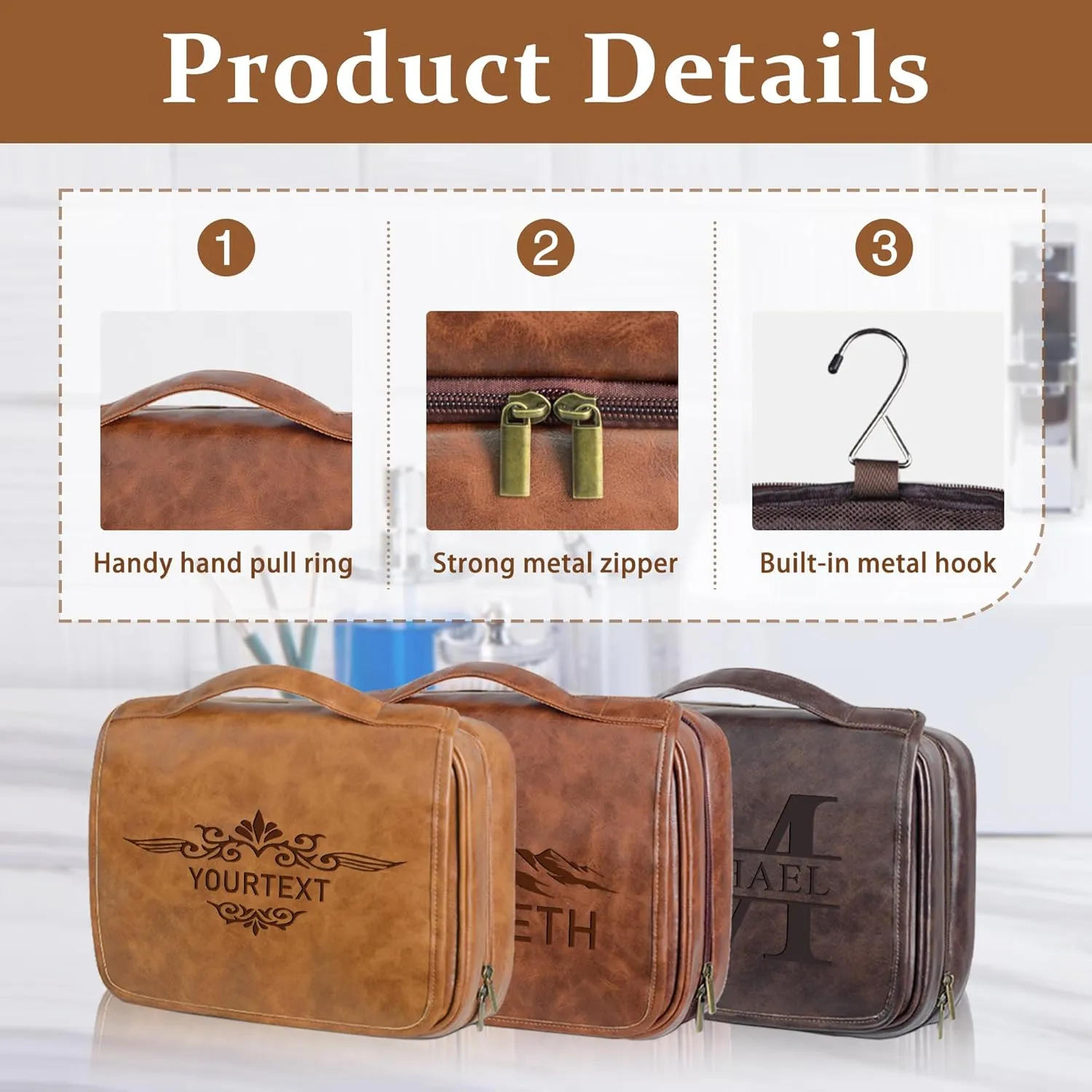 3-in-1 Large Personalized Leather Toiletry Bag For Men Dopp Kit Gift, Custom Mens Toiletry Travel Organizer Bag, Christmas Anniversary Birthday Gifts For Him Boyfriend Husband, Groomsmen Gifts