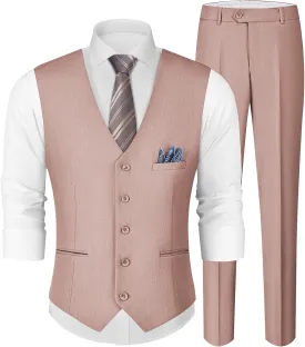MAGE MALE Men's Linen 2 Piece Suit Slim Fit Wedding Groomsmen Summer Vest Pants Set with Pocket Square