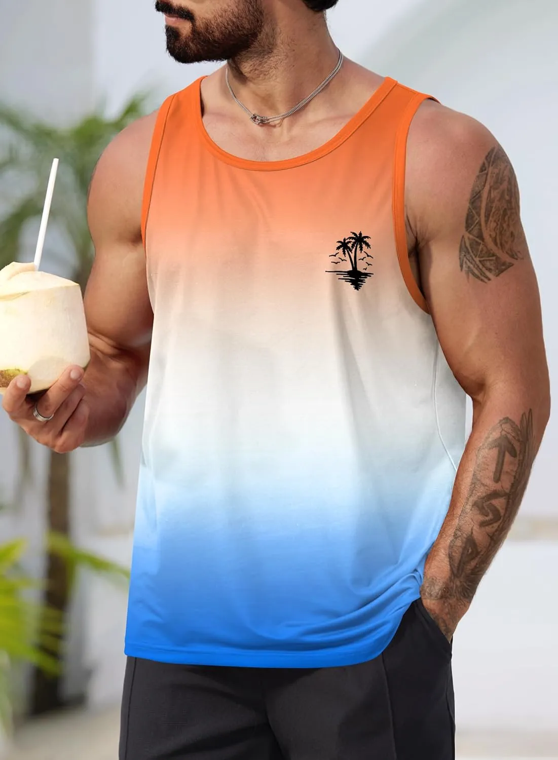 Mens Hawaiian Beach Tank Tops Summer Vacation Muscle Top Graphic Sleeveless Shirts (S-3XL)