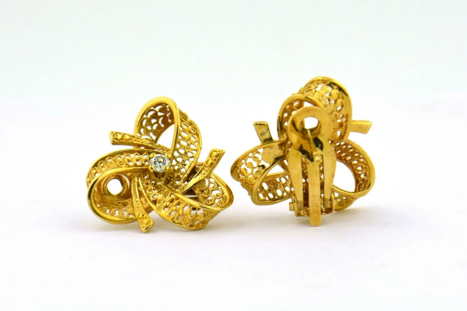 Vintage Mid Century Diamond Bow 14K Yellow Gold Filigree Earrings VS F .18cttw