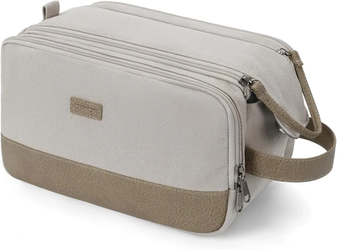 WANDF Toiletry Bag for Men Travel Toiletry Organizer Canvas and Leather Dopp Kit Water-Resistant Shaving Bag for Travel Accessories (Cream Beige)