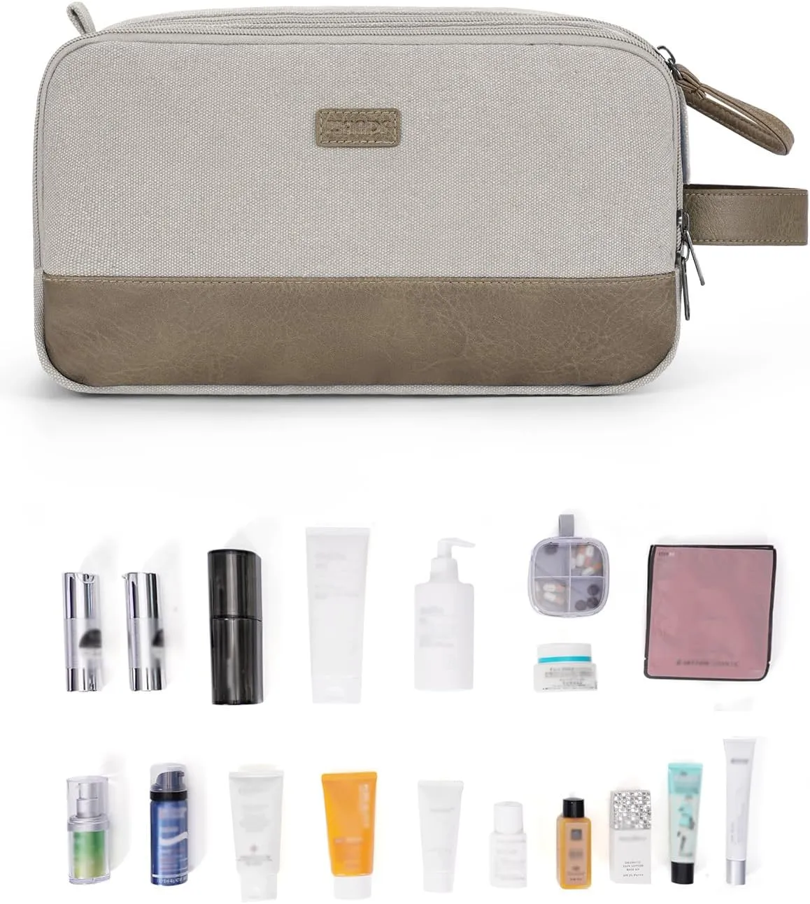 WANDF Toiletry Bag for Men Travel Toiletry Organizer Canvas and Leather Dopp Kit Water-Resistant Shaving Bag for Travel Accessories (Cream Beige)