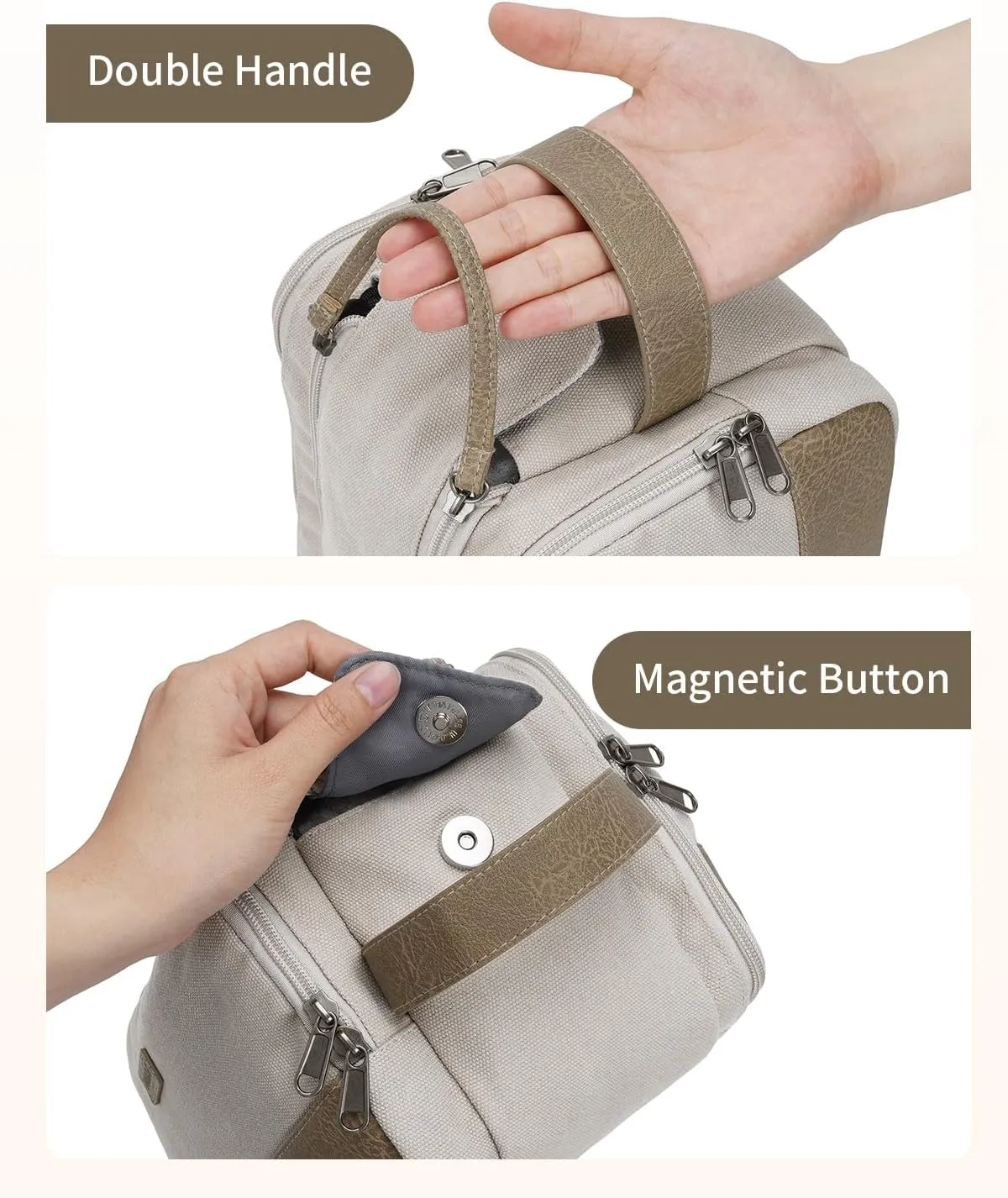 WANDF Toiletry Bag for Men Travel Toiletry Organizer Canvas and Leather Dopp Kit Water-Resistant Shaving Bag for Travel Accessories (Cream Beige)