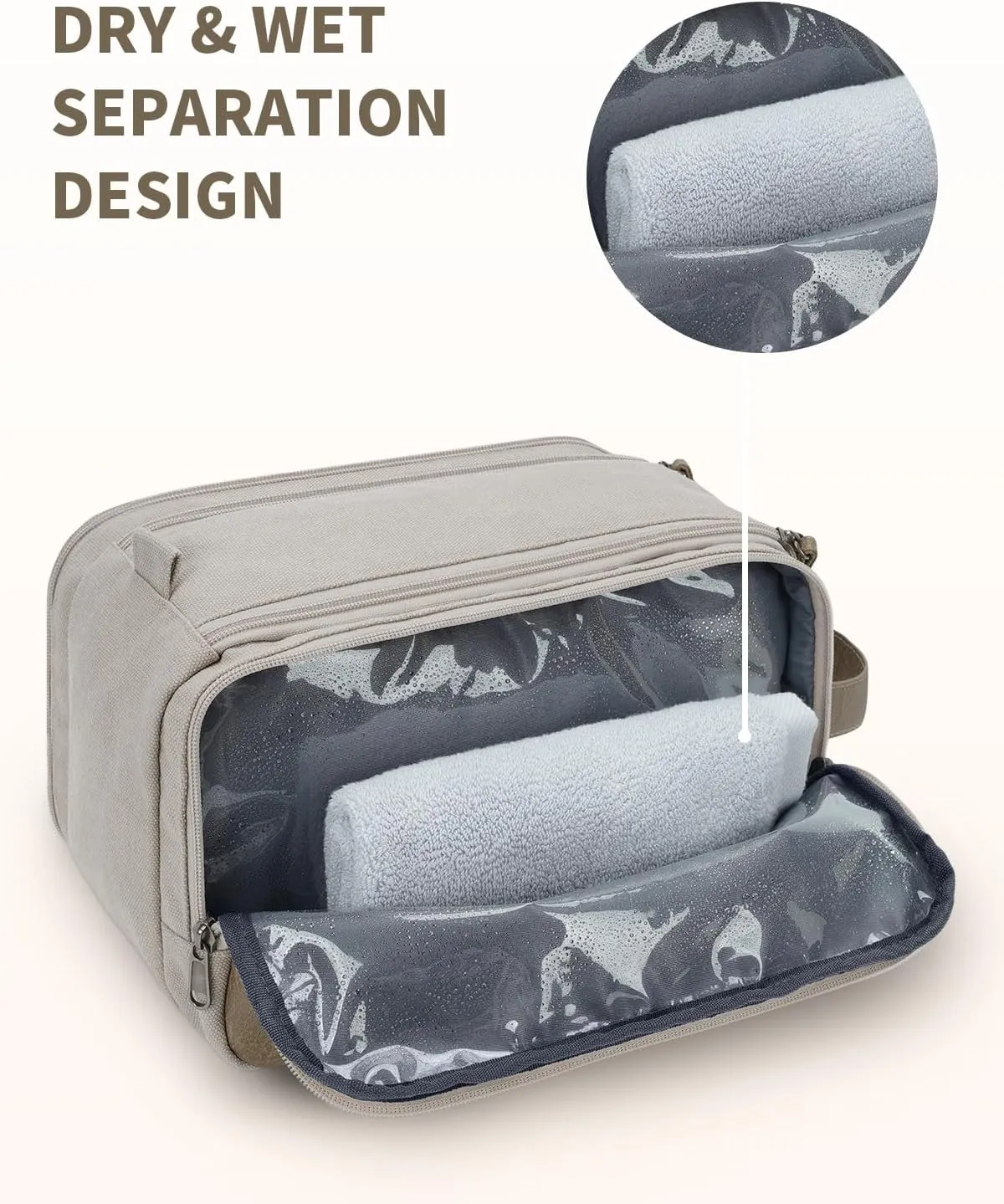 WANDF Toiletry Bag for Men Travel Toiletry Organizer Canvas and Leather Dopp Kit Water-Resistant Shaving Bag for Travel Accessories (Cream Beige)