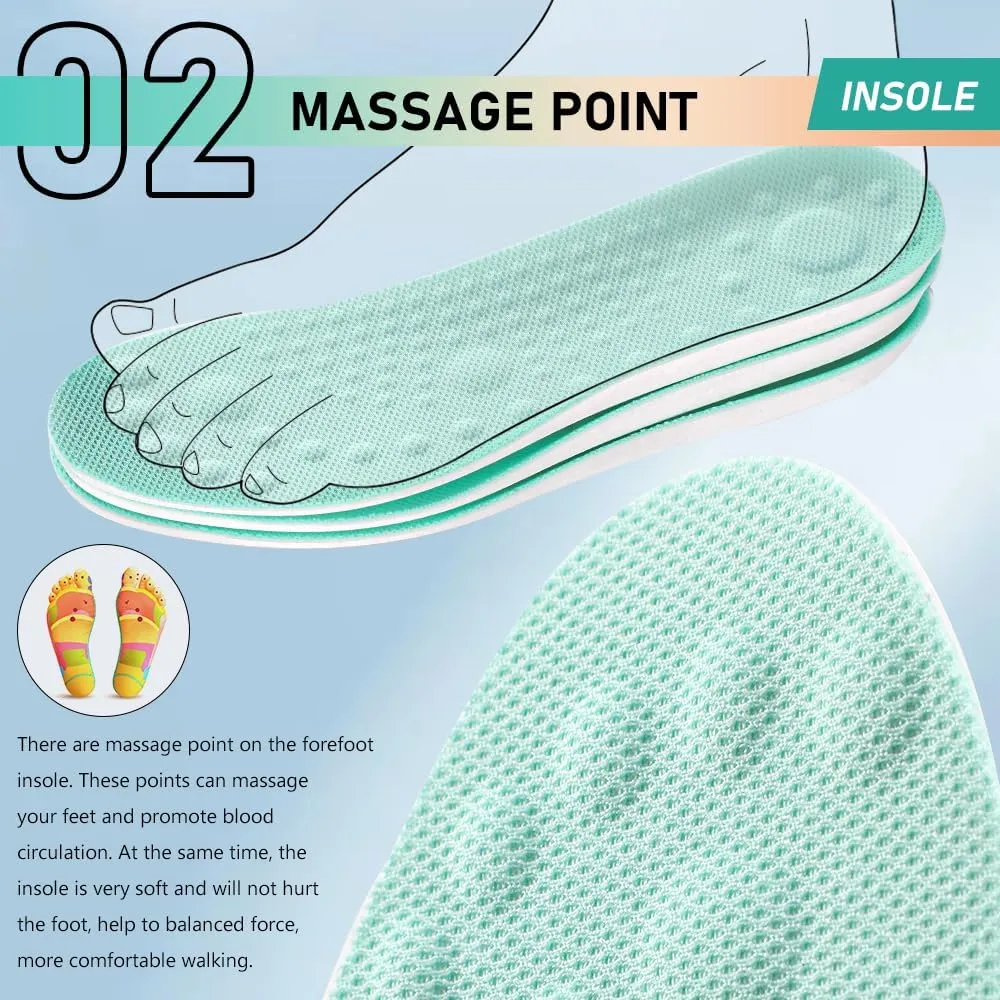 XINIFOOT 3 Pairs Breathable Shock Absorption Sport Shoe Insoles Elastic Soft Running Shoes Pad Replacement Insole for Men&Women Mint Green (M Men 7-8.5 / Women 9-10.5)